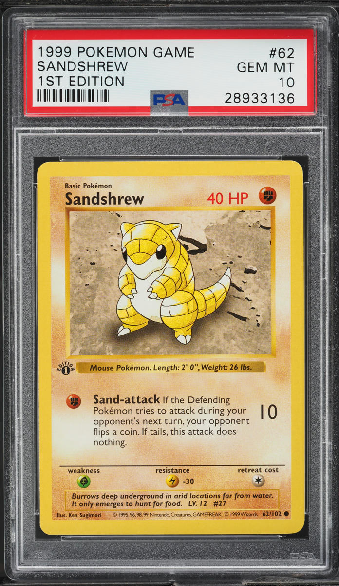 1999 POKEMON BASE SET SHADOWLESS 1ST EDITION SANDSHREW #62 PSA 10 GEM MINT