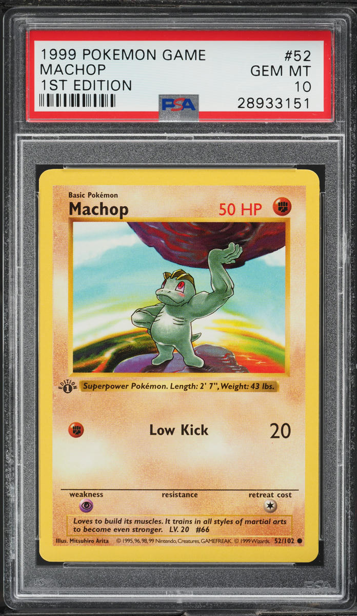 1999 POKEMON BASE SET SHADOWLESS 1ST EDITION MACHOP #52 PSA 10 GEM MINT