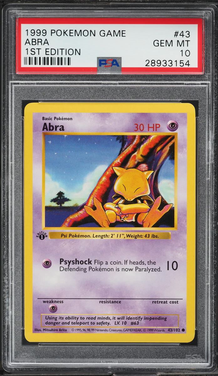 1999 POKEMON BASE SET SHADOWLESS 1ST EDITION ABRA #43 PSA 10 GEM MINT