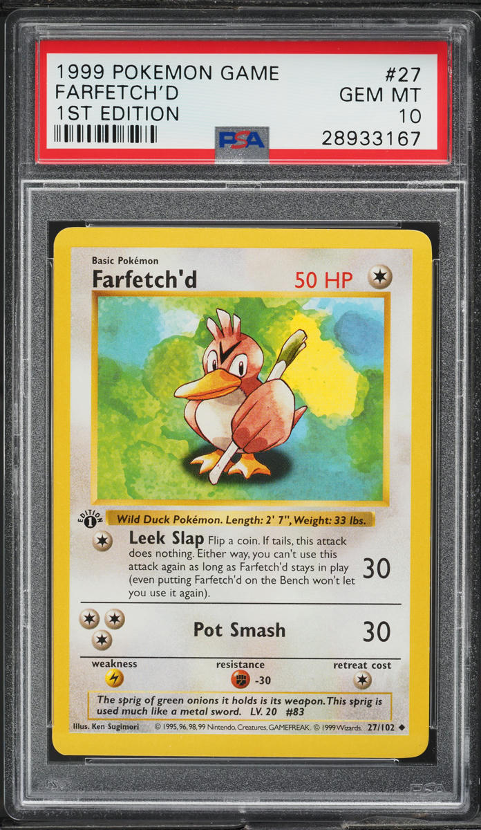 1999 POKEMON BASE SET SHADOWLESS 1ST EDITION FARFETCH'D #27 PSA 10 GEM MINT