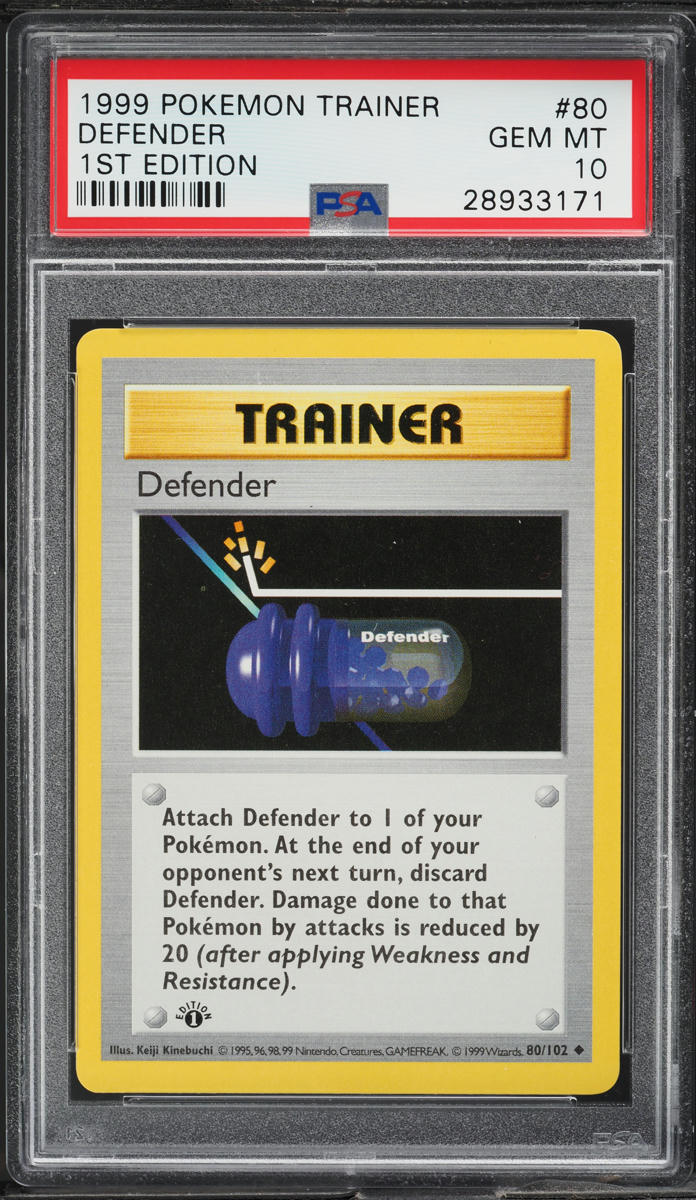 1999 POKEMON BASE SET SHADOWLESS 1ST EDITION DEFENDER #80 PSA 10 GEM MINT