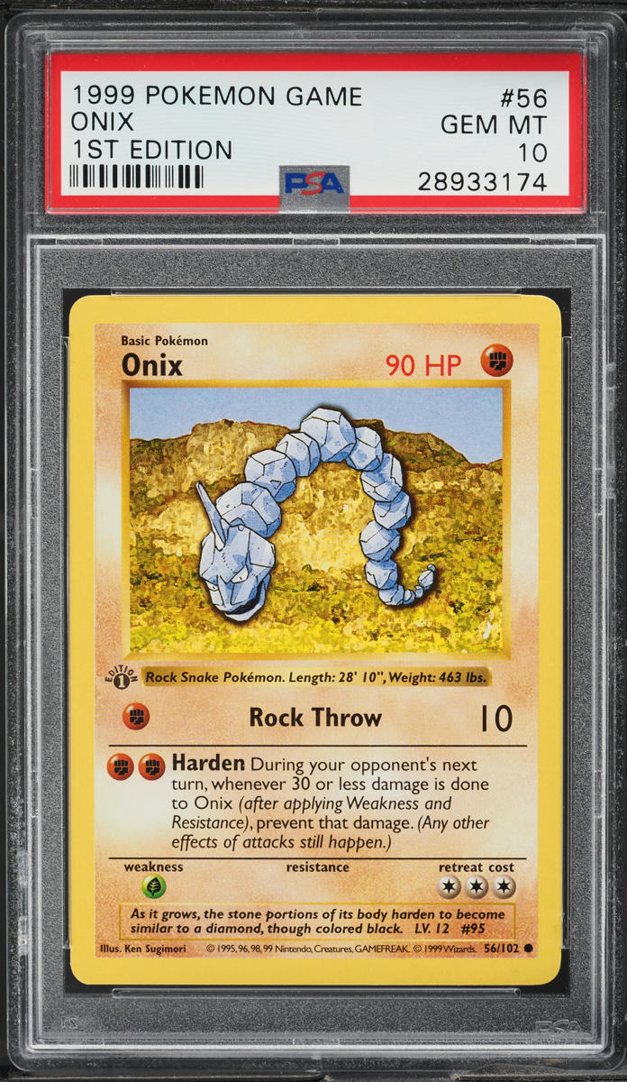 1999 POKEMON BASE SET SHADOWLESS 1ST EDITION ONIX #56 PSA 10 GEM MINT