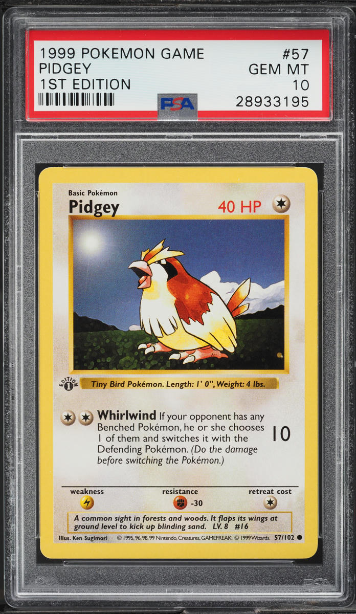 1999 POKEMON BASE SET SHADOWLESS 1ST EDITION PIDGEY #57 PSA 10 GEM MINT