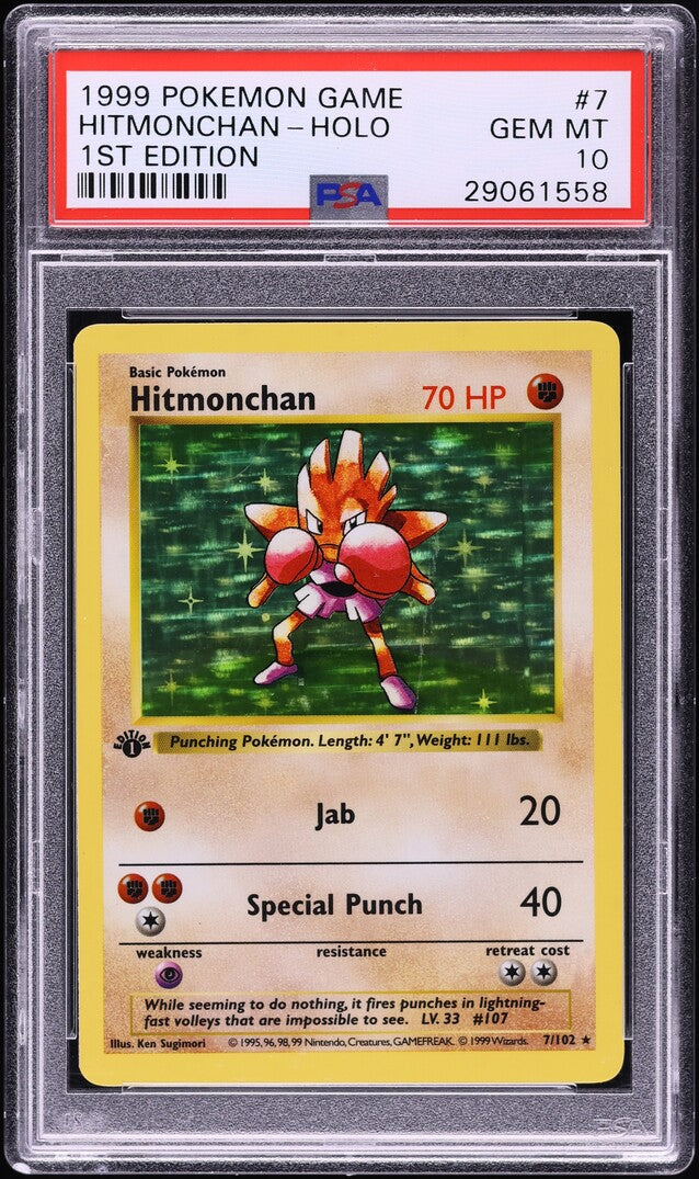 1999 POKEMON BASE SET SHADOWLESS 1ST EDITION HOLO HITMONCHAN #7 PSA 10 GEM MINT
