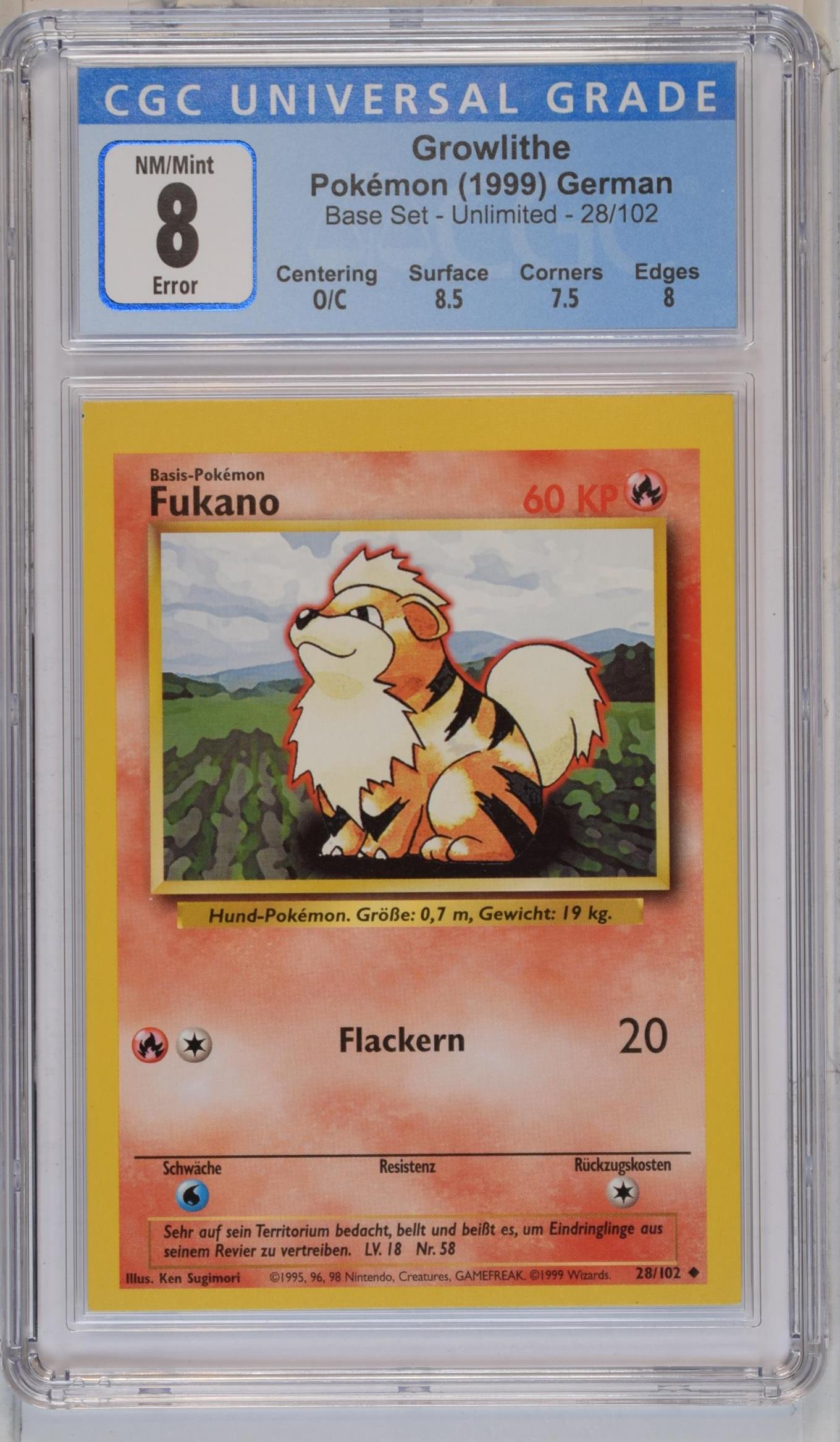 1999 POKEMON GERMAN BASE SET MAGIC THE GATHERING MTG BACK ERROR GROWLITHE #28 CGC 8