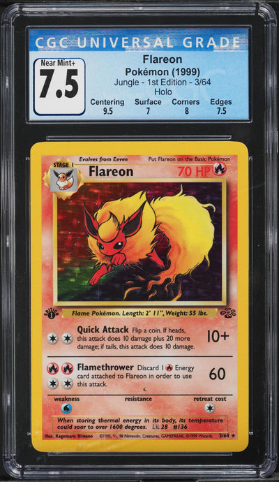 1999 POKEMON JUNGLE 1ST EDITION HOLO FLAREON #3 CGC 7.5 NRMT+