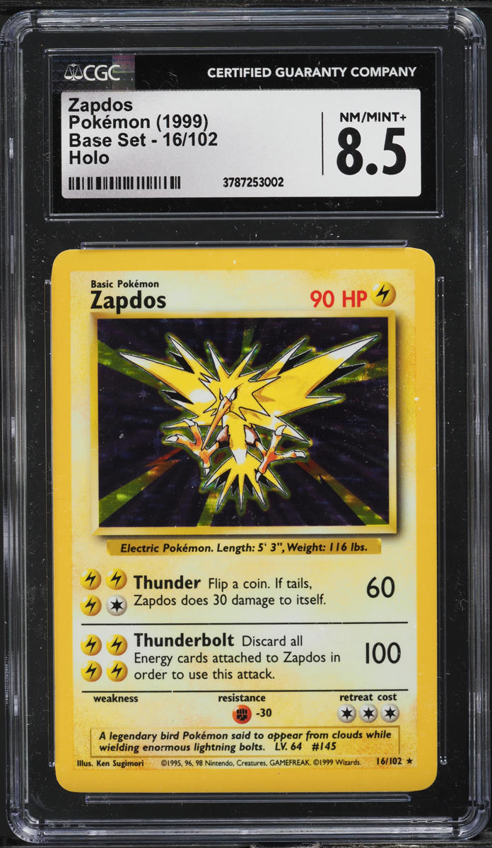 1999 POKEMON BASE SET HOLO ZAPDOS #16 CGC 8.5 NM-MT+