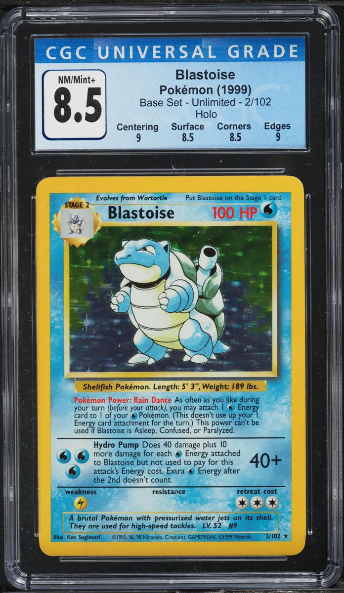 1999 POKEMON BASE SET HOLO BLASTOISE #2 CGC 8.5 NM-MT+