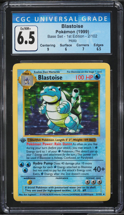 1999 POKEMON BASE SET SHADOWLESS 1ST EDITION HOLO BLASTOISE #2 CGC 6.5 EXMT+