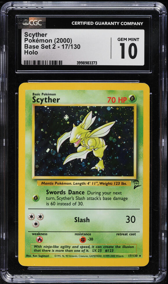 2000 POKEMON BASE SET 2 HOLO SCYTHER 17 CGC 10 GEM MINT lowpopping