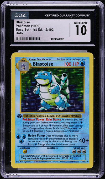 1999 POKEMON BASE SET SHADOWLESS 1ST EDITION HOLO BLASTOISE #2 CGC 10