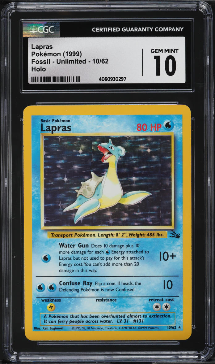 1999 POKEMON FOSSIL HOLO LAPRAS #10 CGC 10 GEM MINT