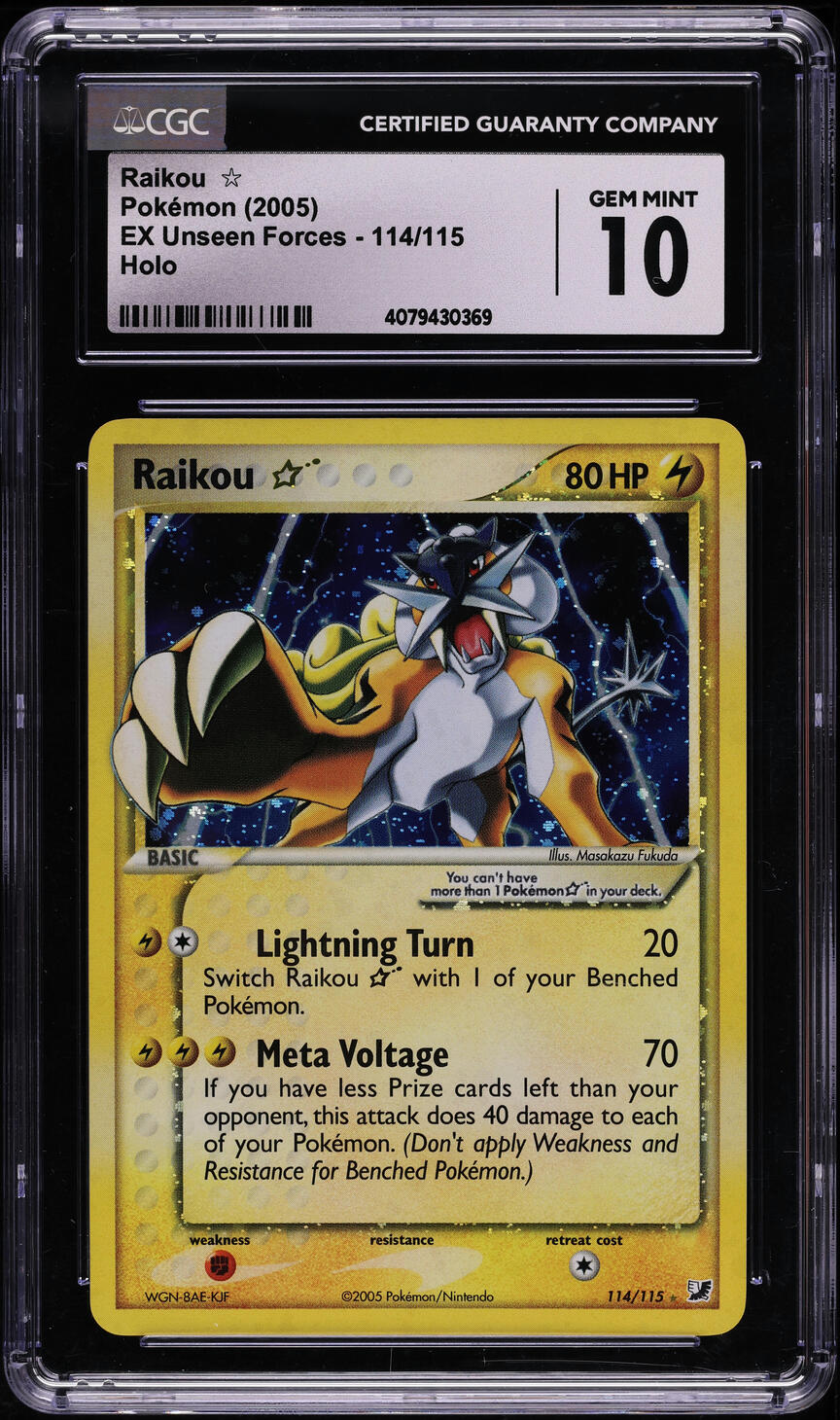 2005 POKEMON EX UNSEEN FORCES HOLO RAIKOU #114 CGC 10 GEM MINT
