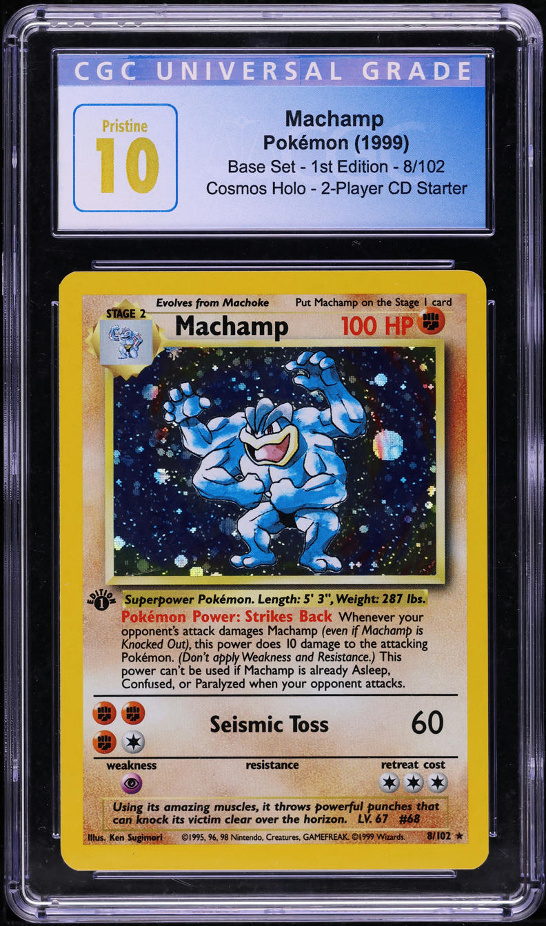 1999 POKEMON BASE SET 2-PLAYER CD STARTER 1ST EDITION COSMOS HOLO MACHAMP #8 CGC 10 PRISTINE