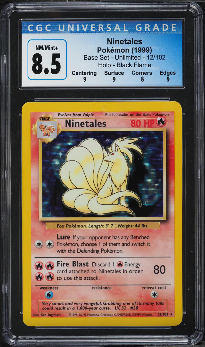 1999 POKEMON BASE SET BLACK FLAME ERROR HOLO NINETALES #12 CGC 8.5