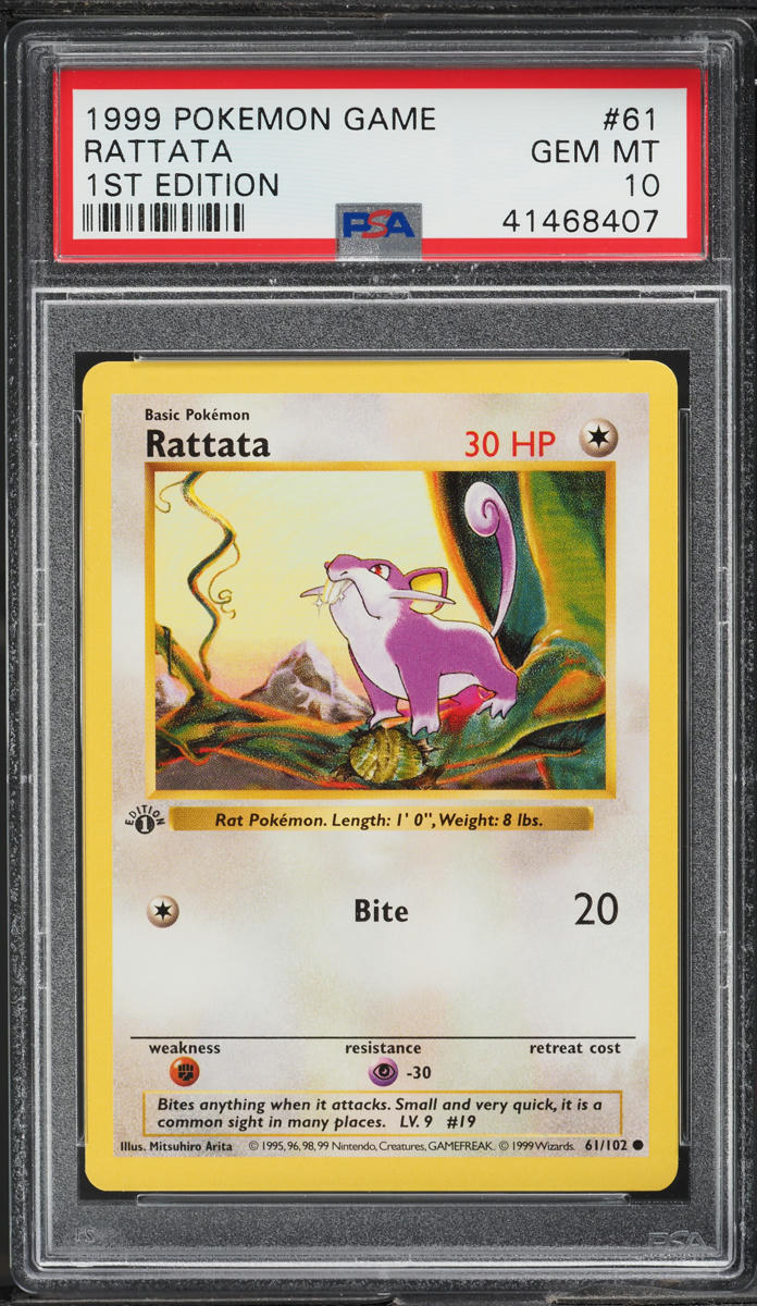 1999 POKEMON BASE SET SHADOWLESS 1ST EDITION RATTATA #61 PSA 10 GEM MINT