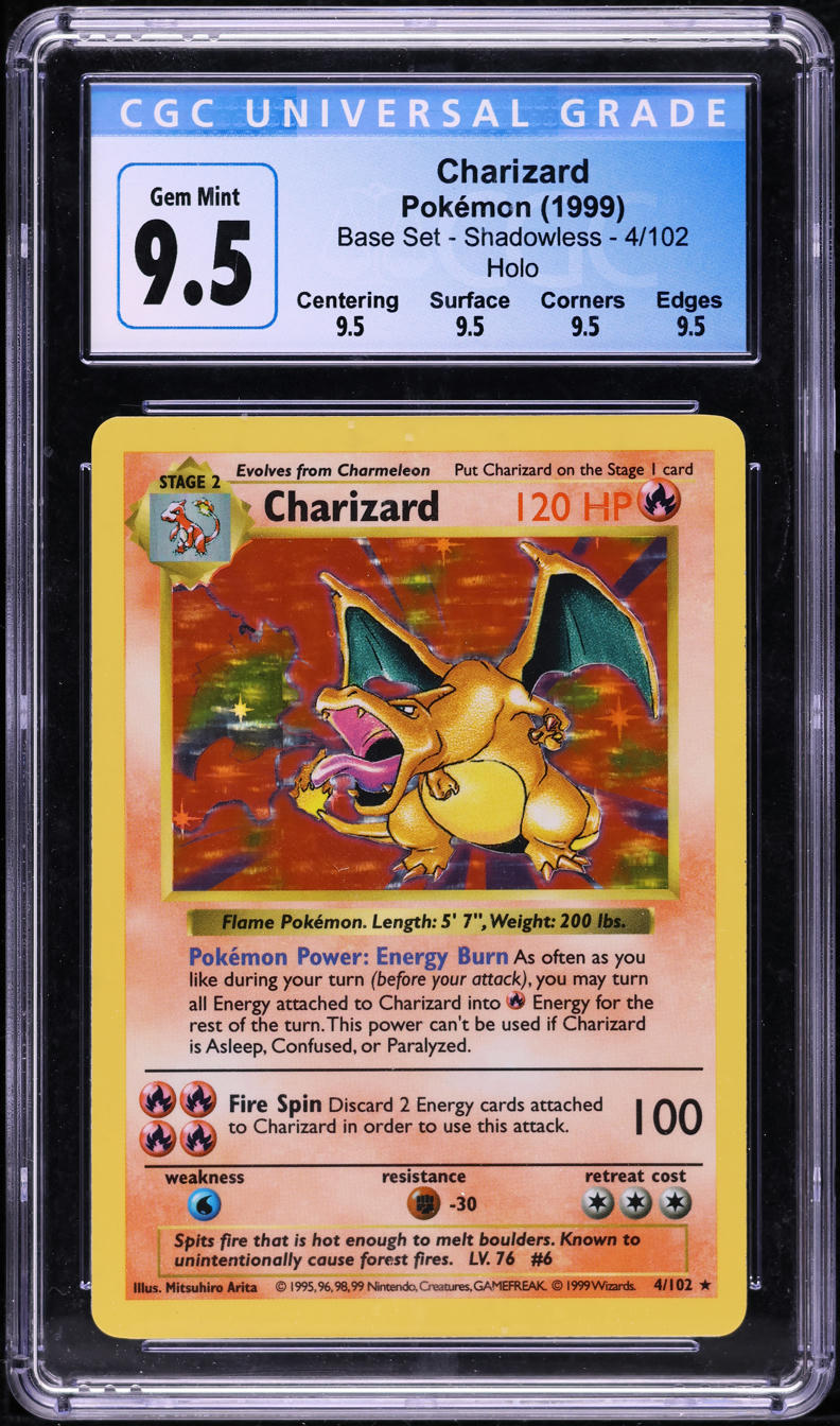 1999 POKEMON BASE SET SHADOWLESS HOLO CHARIZARD #4 CGC 9.5 GEM MINT