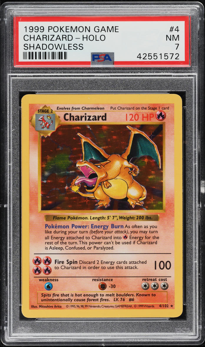 1999 POKEMON BASE SET SHADOWLESS HOLO CHARIZARD #4 PSA 7 NRMT