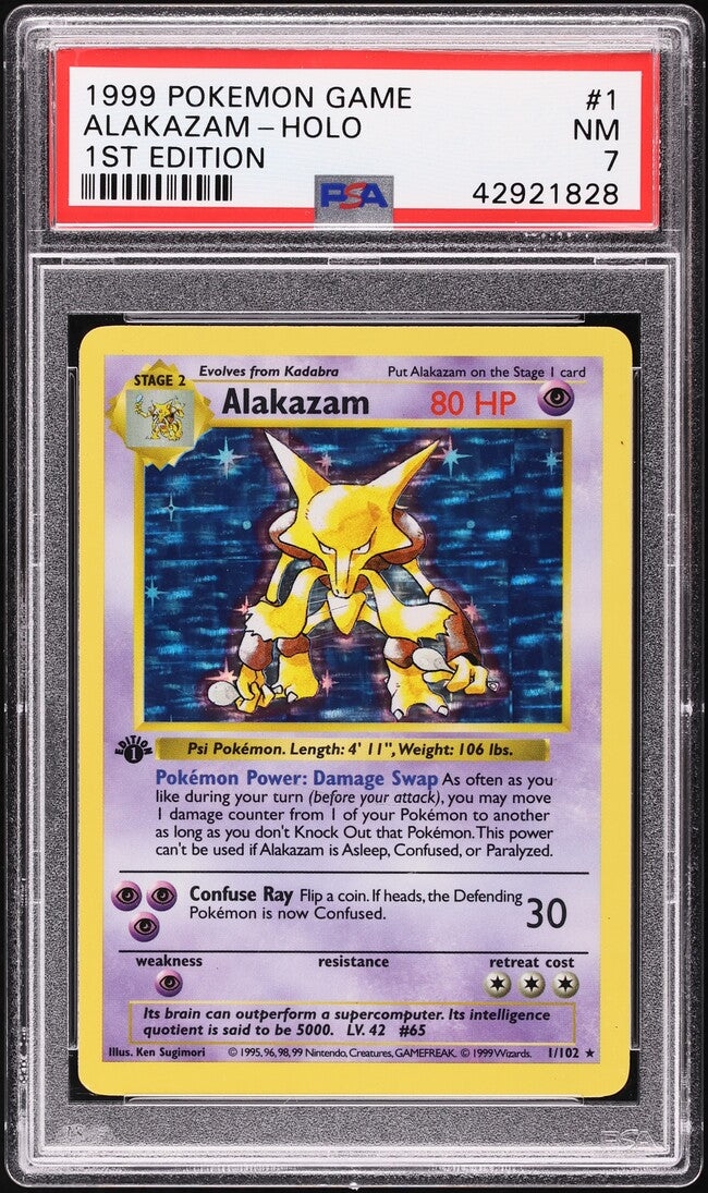 1999 POKEMON BASE SET 1ST EDITION HOLO ALAKAZAM #1 PSA 7 NRMT