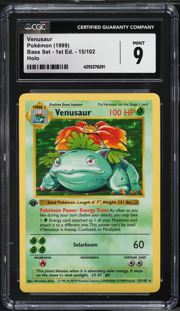 1999 POKEMON BASE SET SHADOWLESS 1ST EDITION HOLO VENUSAUR #15 CGC 9 MINT