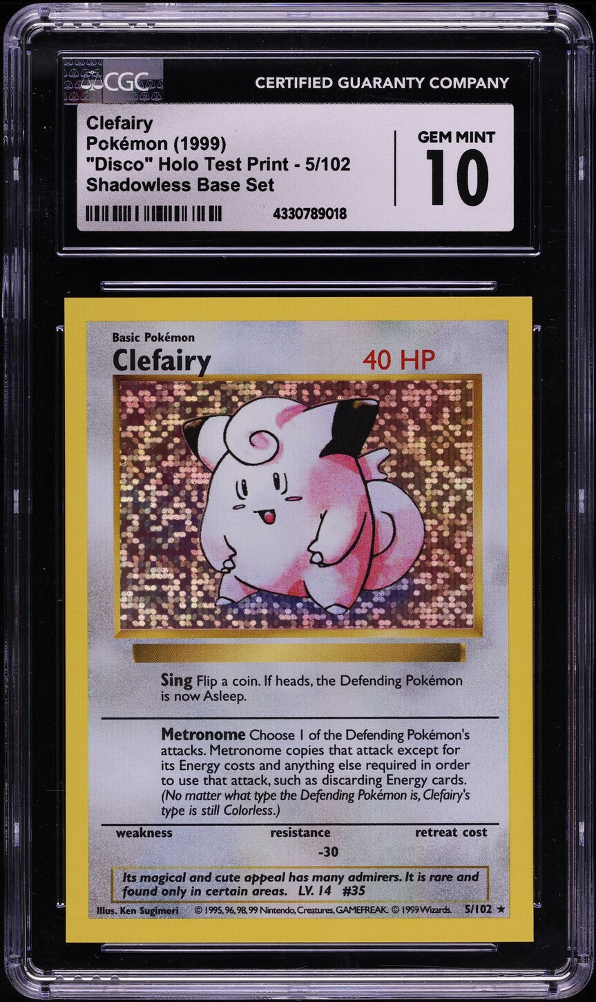 1999 POKEMON BASE SET SHADOWLESS DISCO HOLO TEST PRINT CLEFAIRY #5 CGC 10 *POP 3*