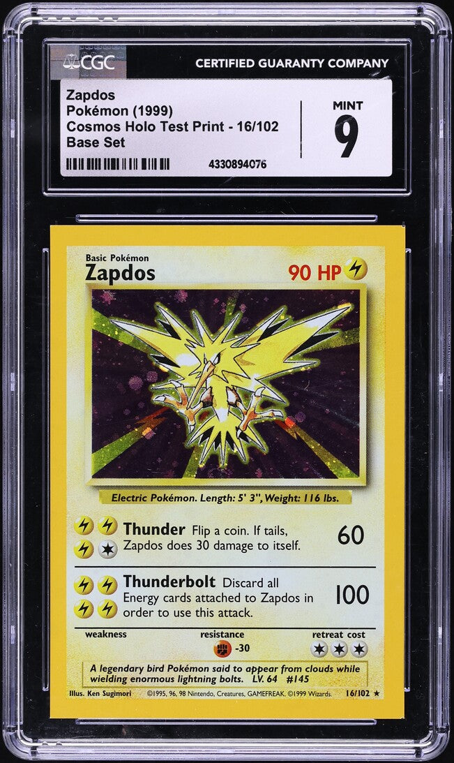 1999 POKEMON BASE SET COSMOS HOLO TEST PRINT ZAPDOS #16 CGC 9