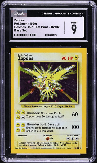 1999 POKEMON BASE SET COSMOS HOLO TEST PRINT ZAPDOS #16 CGC 9