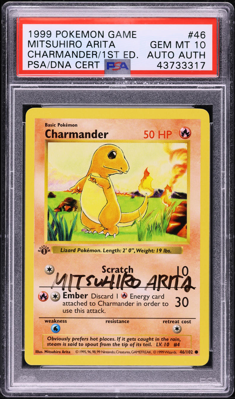 1999 POKEMON BASE SET 1ST EDITION CHARMANDER #46 ARITA AUTO AUTH PSA 10
