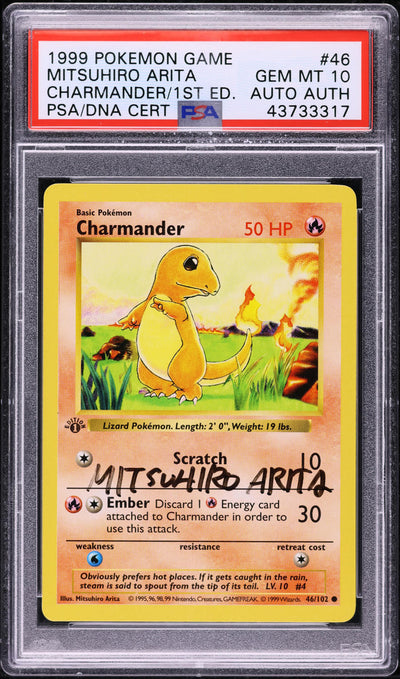 1999 POKEMON BASE SET 1ST EDITION CHARMANDER #46 ARITA AUTO AUTH PSA 10
