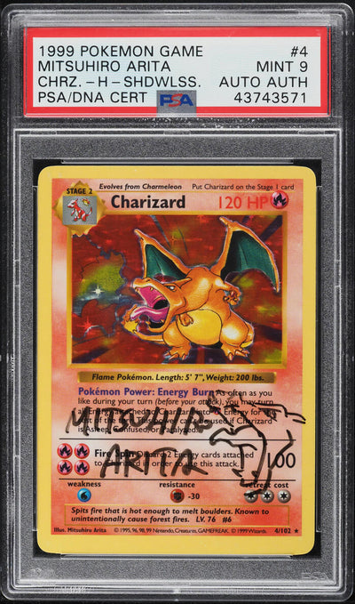 1999 POKEMON BASE SET SHADOWLESS HOLO CHARIZARD #4 ARITA AUTO AUTH PSA 9