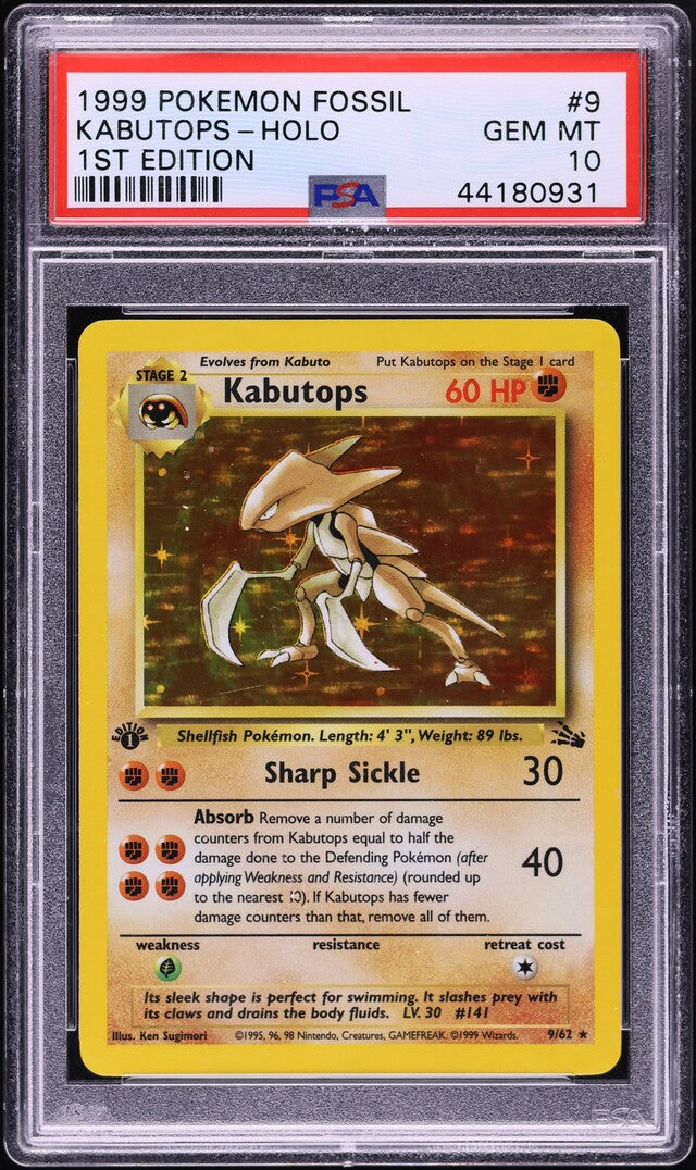 1999 POKEMON FOSSIL 1ST EDITION HOLO KABUTOPS #9 PSA 10 GEM MINT