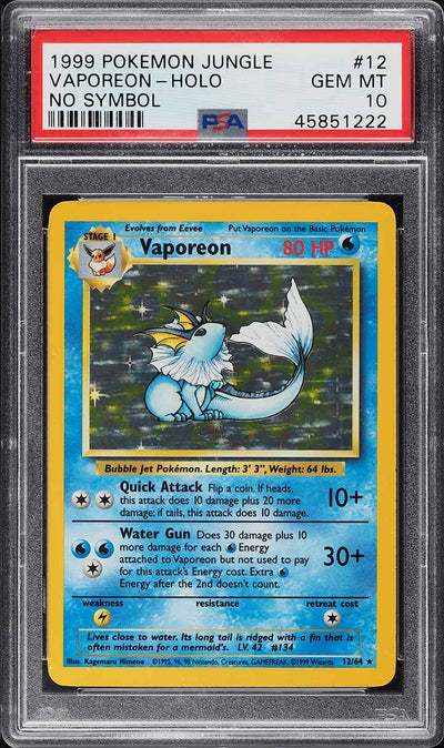 1999 POKEMON JUNGLE NO SYMBOL HOLO VAPOREON #12 PSA 10 GEM MINT