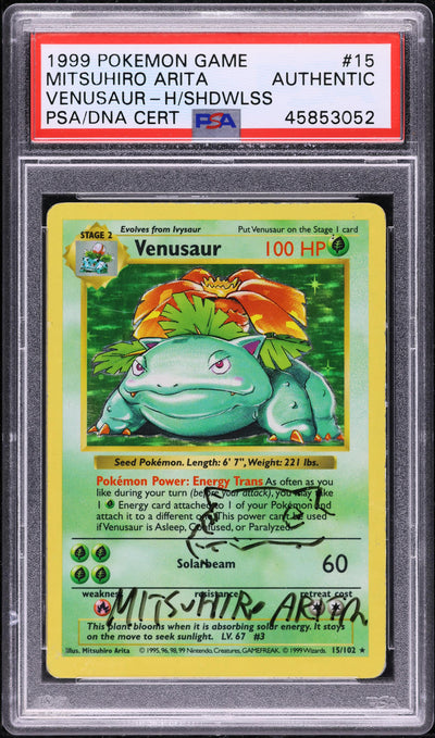 1999 POKEMON BASE SET SHADOWLESS HOLO VENUSAUR #15 ARITA AUTO PSA AUTHENTIC