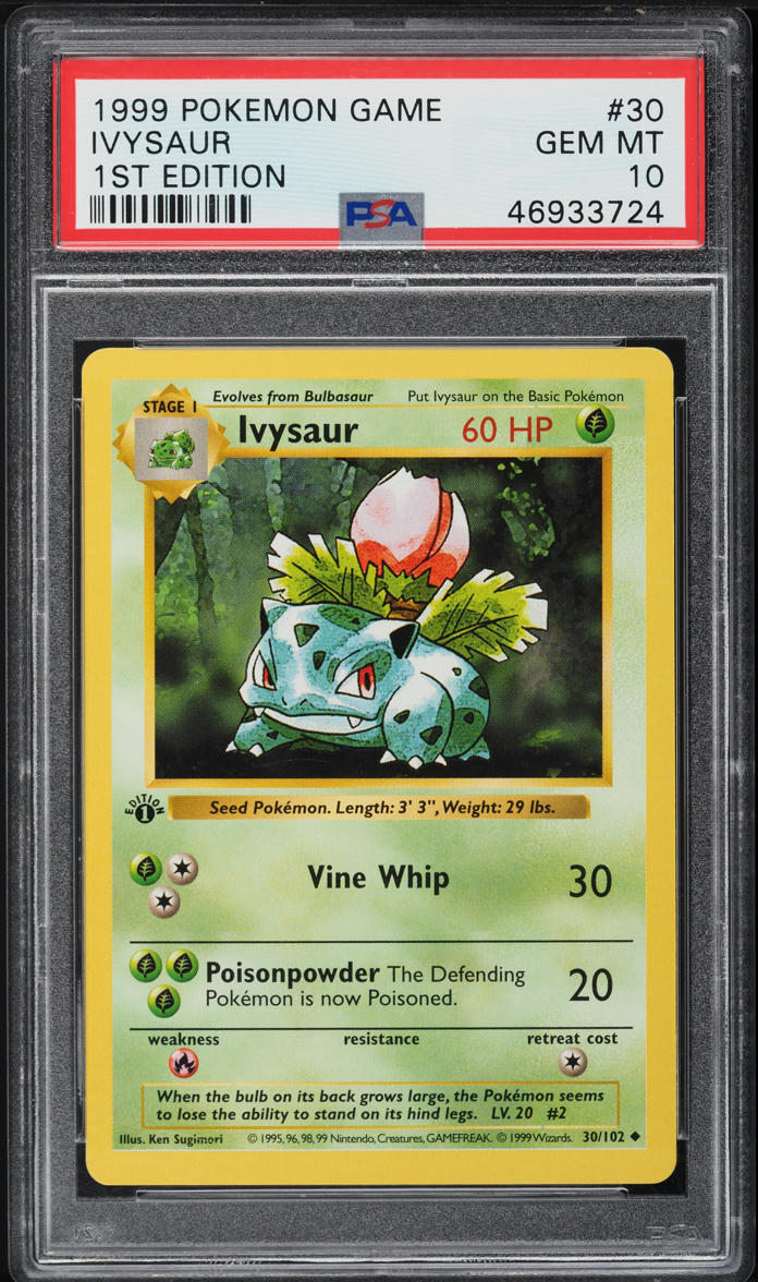 1999 POKEMON BASE SET SHADOWLESS 1ST EDITION IVYSAUR #30 PSA 10 GEM MINT