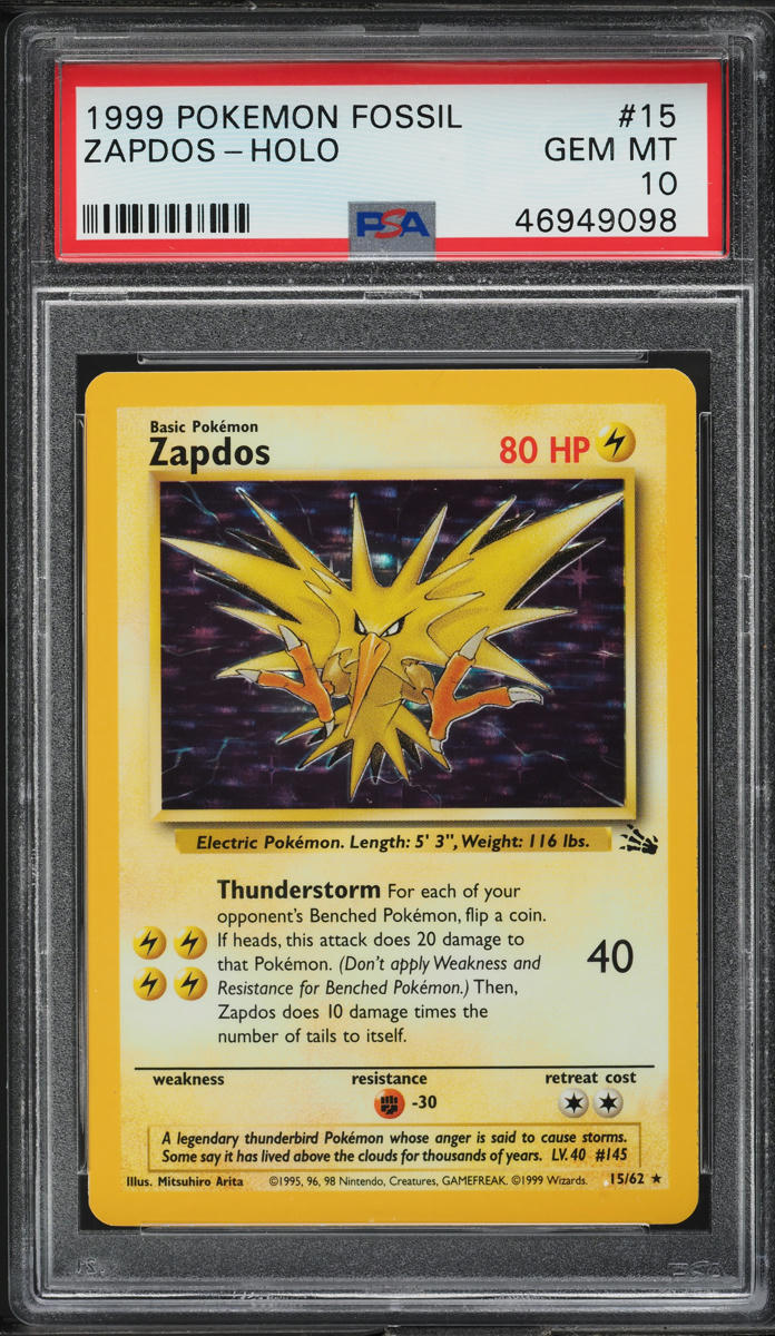 1999 POKEMON FOSSIL HOLO ZAPDOS #15 PSA 10 GEM MINT