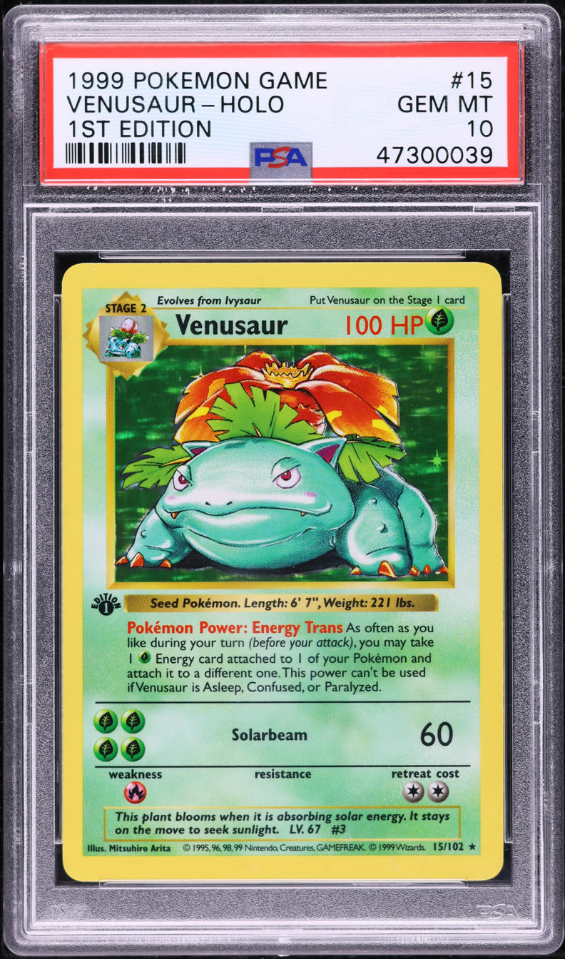 1999 POKEMON BASE SET SHADOWLESS 1ST EDITION HOLO VENUSAUR #15 PSA 10 GEM MINT