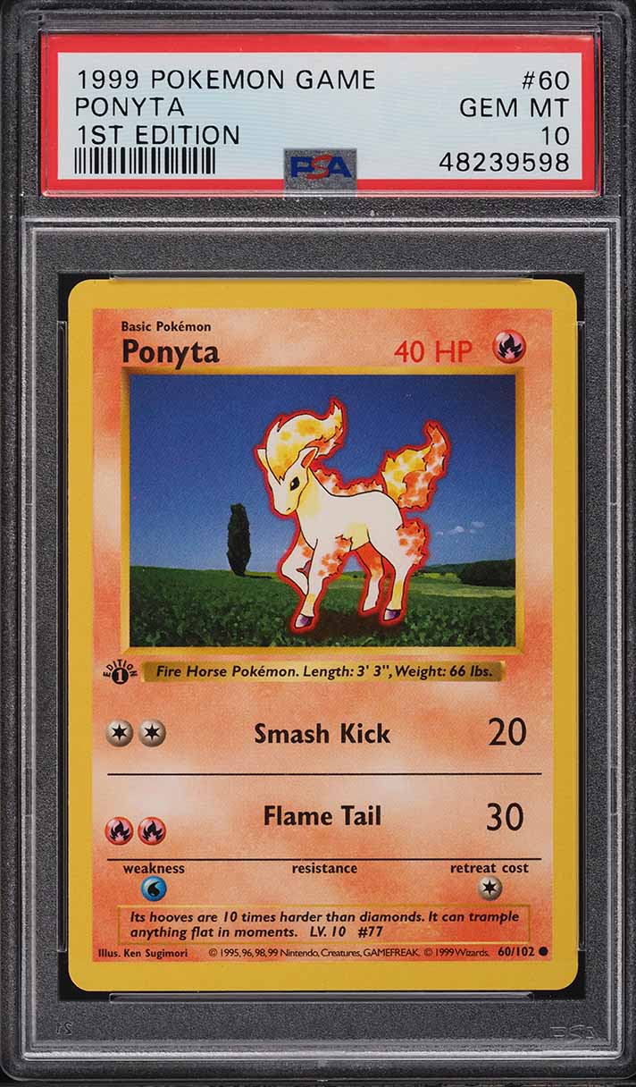 1999 POKEMON BASE SET SHADOWLESS 1ST EDITION PONYTA #60 PSA 10 GEM MINT
