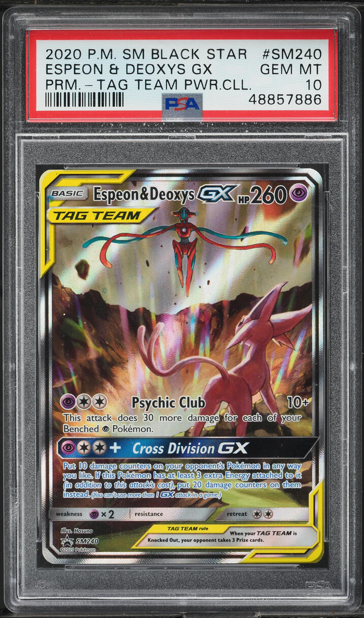 2020 POKEMON SM BLACK STAR PROMO TAG TEAM FULL ART ESPEON & DEOXYS GX PSA 10 GEM MINT