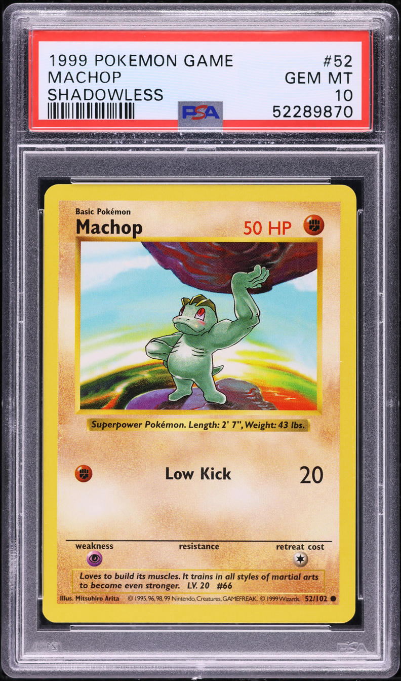 1999 POKEMON BASE SET SHADOWLESS MACHOP #52 PSA 10 GEM MINT