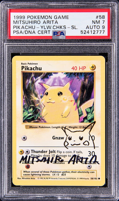 1999 POKEMON BASE SET PIKACHU YELLOW CHEEKS #58 ARITA AUTO 9 PSA 7