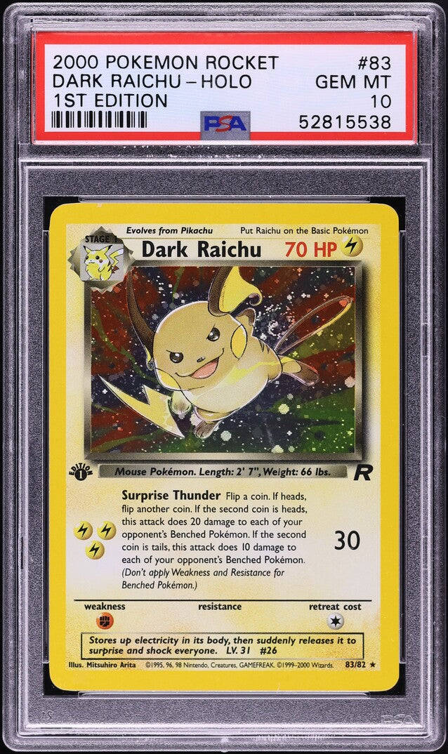 2000 POKEMON TEAM ROCKET 1ST EDITION HOLO DARK RAICHU #83 PSA 10