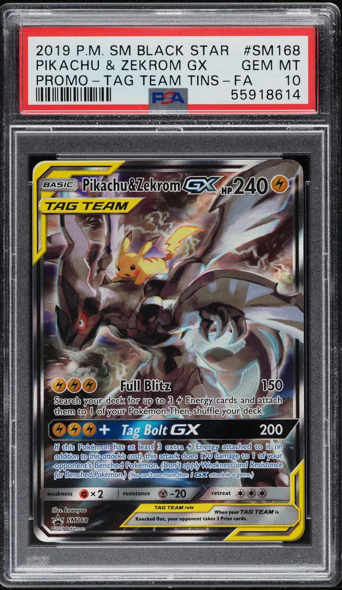 2019 POKEMON SM BLACK STAR PROMO TAG TEAM TINS PIKACHU & ZEKROM GX #SM168 PSA 10