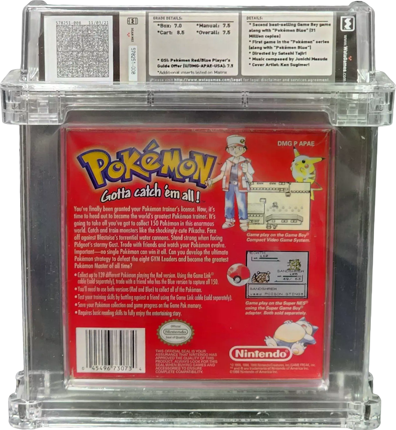 1998 POKEMON RED VERSION SANDSHREW NINTENDO GAME BOY GB WATA 7.5 CIB