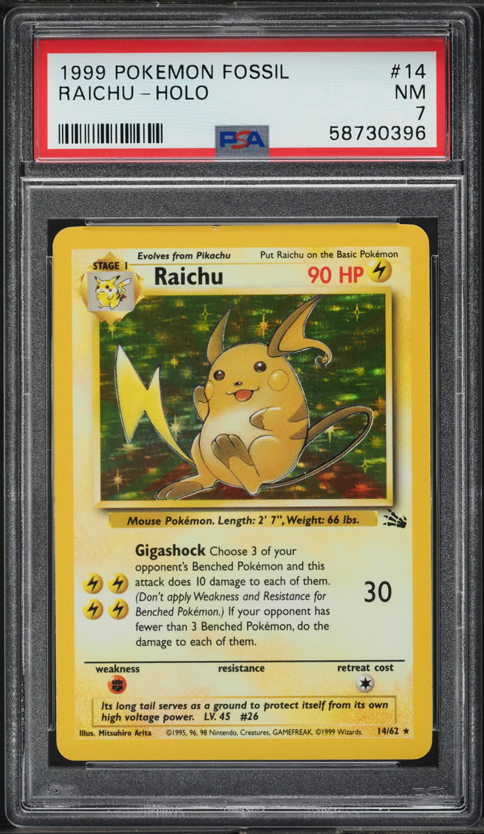 1999 POKEMON FOSSIL HOLO RAICHU #14 PSA 7 NRMT