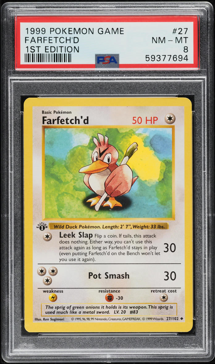 1999 POKEMON BASE SET SHADOWLESS 1ST EDITION FARFETCH'D #27 PSA 8 NM-MT