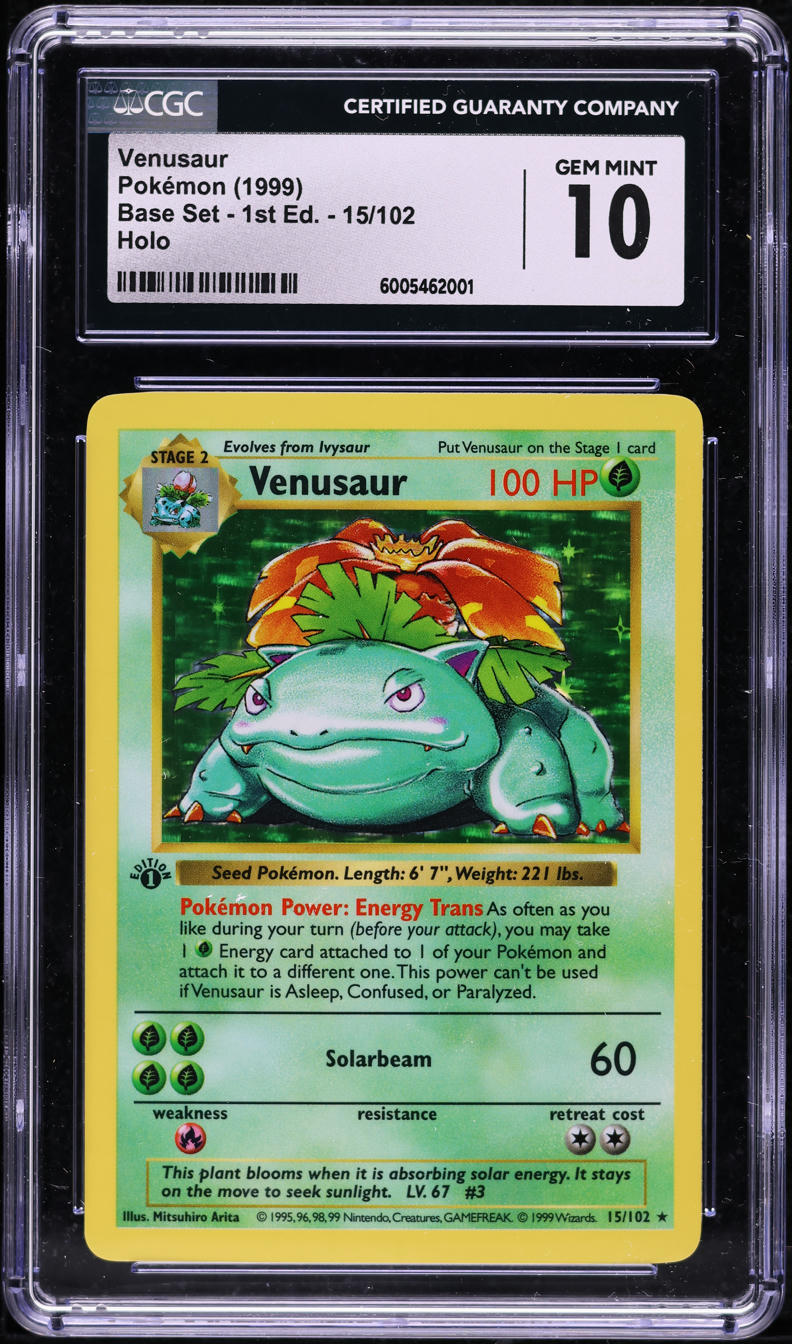 1999 POKEMON BASE SET SHADOWLESS 1ST EDITION HOLO VENUSAUR #15 CGC 10 GEM MINT