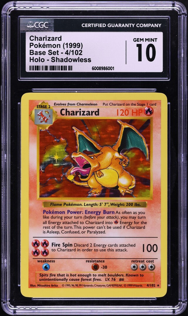 1999 POKEMON BASE SET SHADOWLESS HOLO CHARIZARD #4 CGC 10 GEM MINT