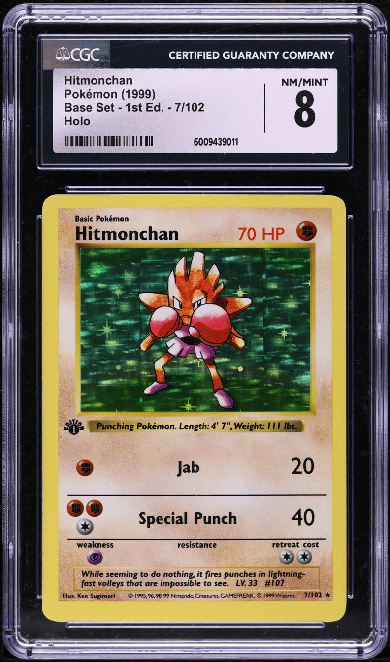 1999 POKEMON BASE SET SHADOWLESS 1ST EDITION HOLO HITMONCHAN #7 CGC 8 NM-MT