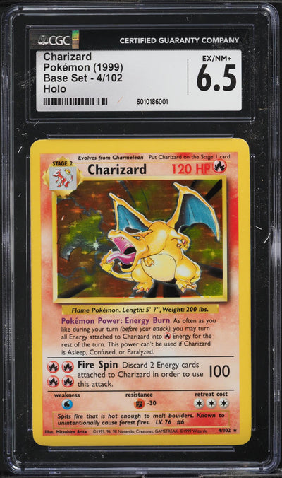 1999 POKEMON BASE SET HOLO CHARIZARD #4 CGC 6.5 EXMT+