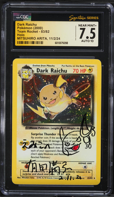 2000 POKEMON TEAM ROCKET HOLO DARK RAICHU #83 ARITA AUTO 10 CGC 7.5